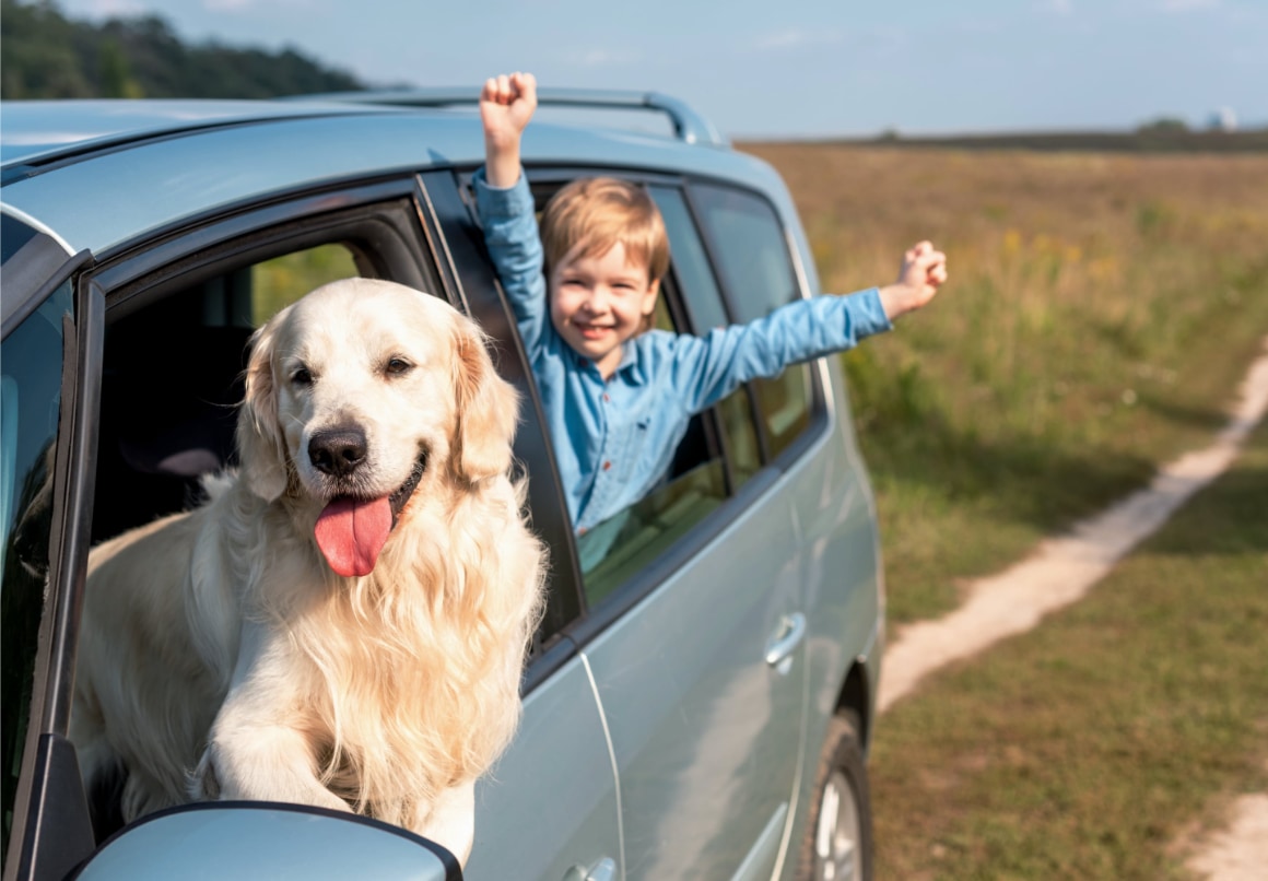 Hond met kind in de auto op vakantie